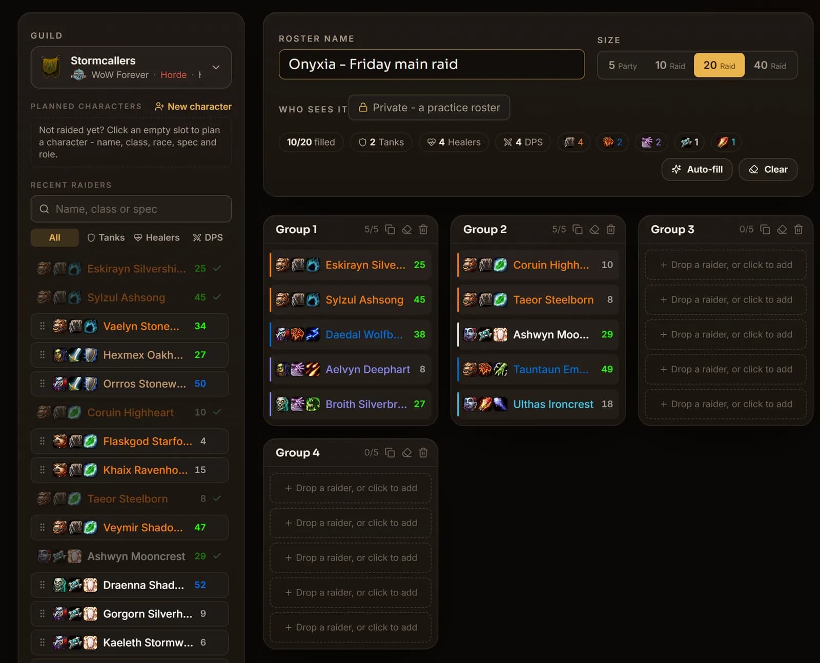 The roster builder: a 20-player Onyxia roster, two groups filled with the guild's raiders, two still open