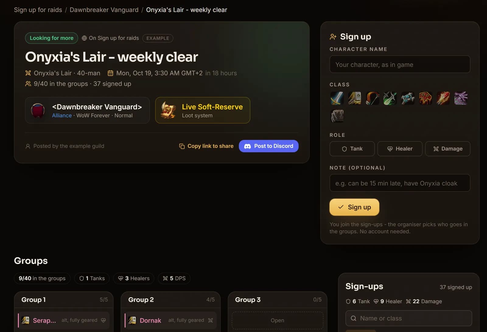 A raid sign-up: Onyxia's Lair, Live Soft-Reserve, the sign-up form and the groups filling up