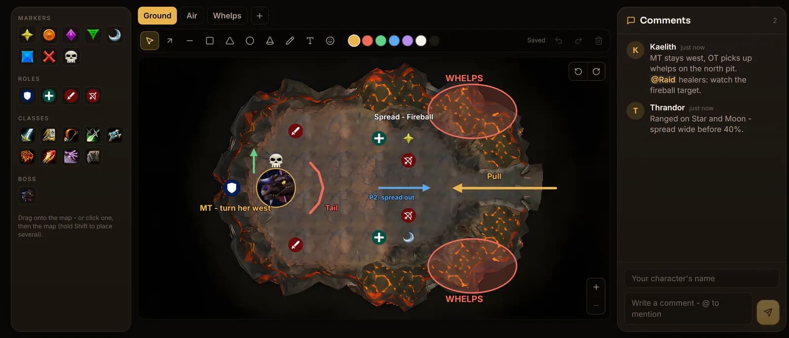 A strategy for Onyxia: the main tank, healers, melee and ranged placed on the map, whelp pits marked, the pull drawn, and the raid's comments beside it