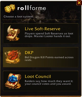 RollForMe's loot system picker with DKP chosen