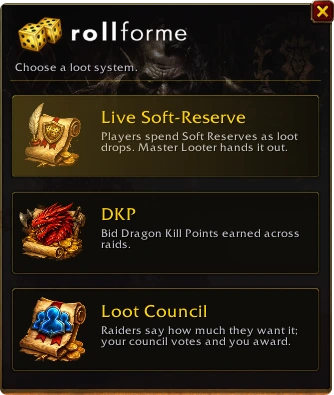 RollForMe's loot system picker with Live Soft-Reserve chosen