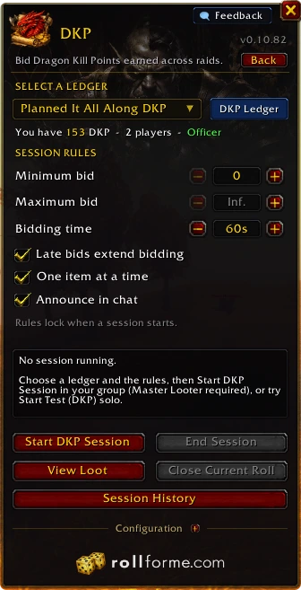 The DKP window: ledger, your balance and session rules