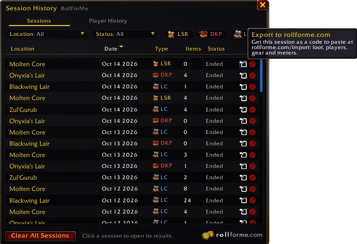 Session History: the export arrow on every session, with its tooltip