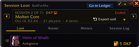 Session Loot: the Export raid button in the session box