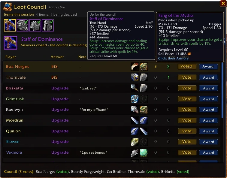 The council window: a raider's worn dagger compared side by side with Staff of Dominance