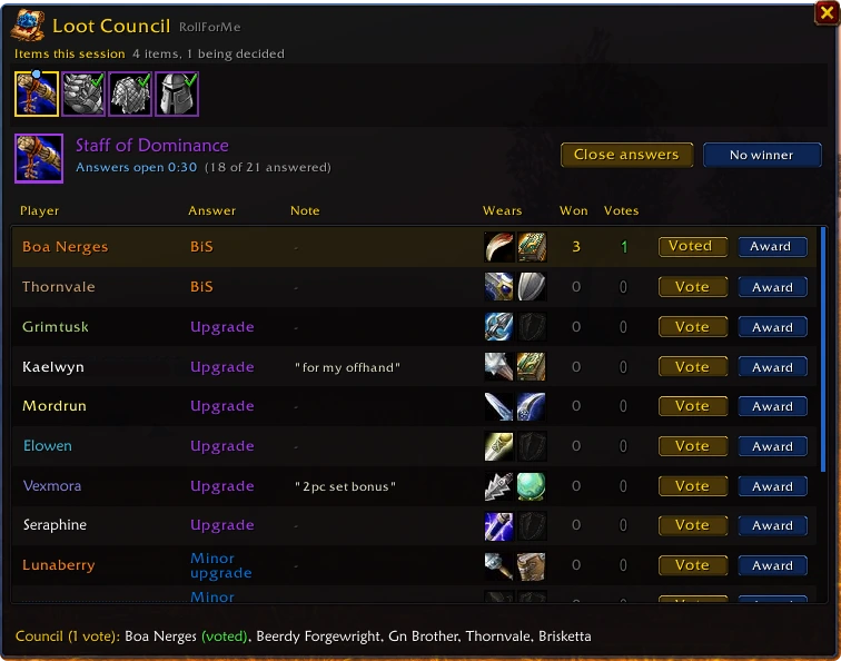The council window: every answer, the votes, and an Award button on each raider