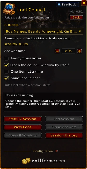 The Loot Council window: council members and session rules