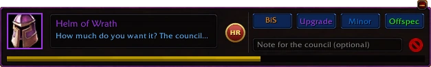 The answer bar for Helm of Wrath: BiS, Upgrade, Minor, Offspec and a note